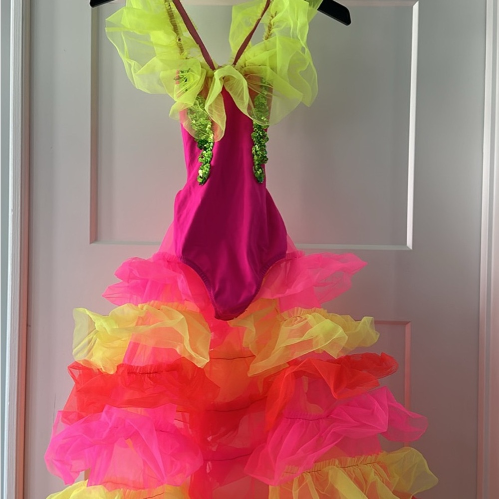 Vibrant Pink and Yellow Kids Flamenco Dancer Costume